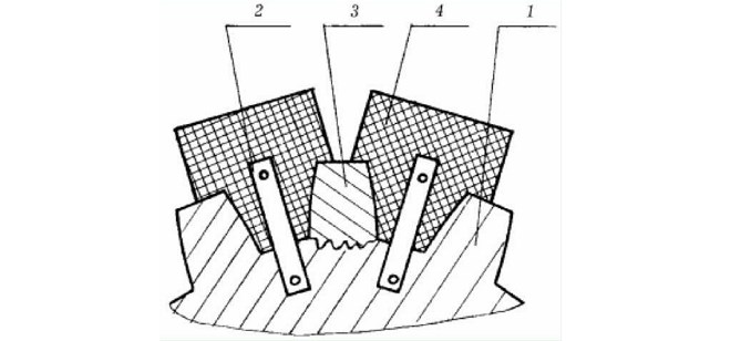 1 - шестерня, 2 - крепления шаблонов, 3 - наплавляемый зуб шестерни, 4 - медные шаблоны